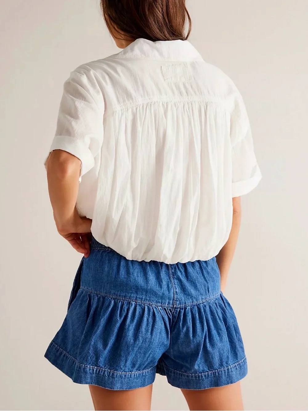 Free People Dark Blue Tiered Button-Front Denim Shorts